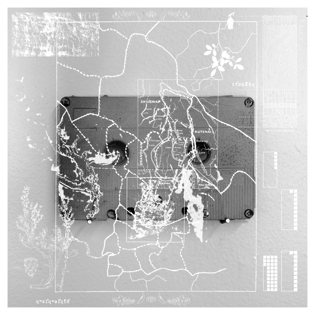 Collage of a cassette tape and map. 